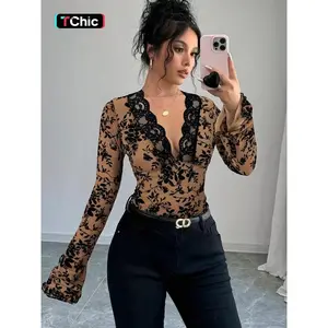 Women's V-neck lace patch mesh eye-catching sleeve T-shirt top, spring and summer casual fashion shirt, women's fashion clothingRAIMENTRY
