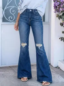 Women's Vintage Washed Ripped Fit Jeans, European Style Flared Straight Leg Pants, American Fashion, Daily Wear Preferred