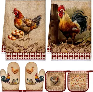 6 Farmhouse Rooster Chicken Oven Mitts and Pot Holders Sets Farmhouse Kitchen Towels Absorbent Dish Towels for Cooking Baking Grilling(Brown,Farm Rooster)