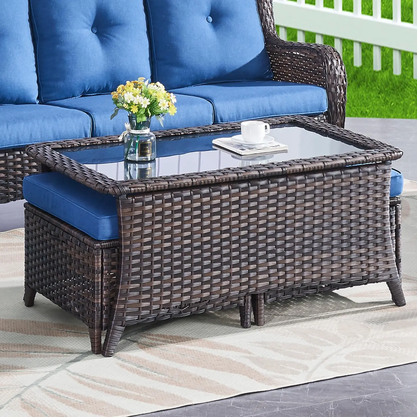 Belord 46" Oval Wicker Coffee Table | Tempered Glass & Space-Saving, NTC Series