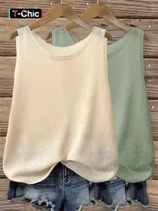 Women's Solid Color Round Neck Sweater Vest, Casual Fashion Sleeveless Fitted Lightweight Breathable Knit Top for Summer, Ladies Knitwear for Daily Wear