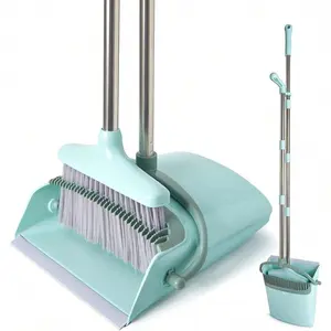 Broom And Dustpan Set With Cleaning Teeth, 55' Long Handle Indoor Sweeping Combo For Home Office Kitchen, Bluish Green