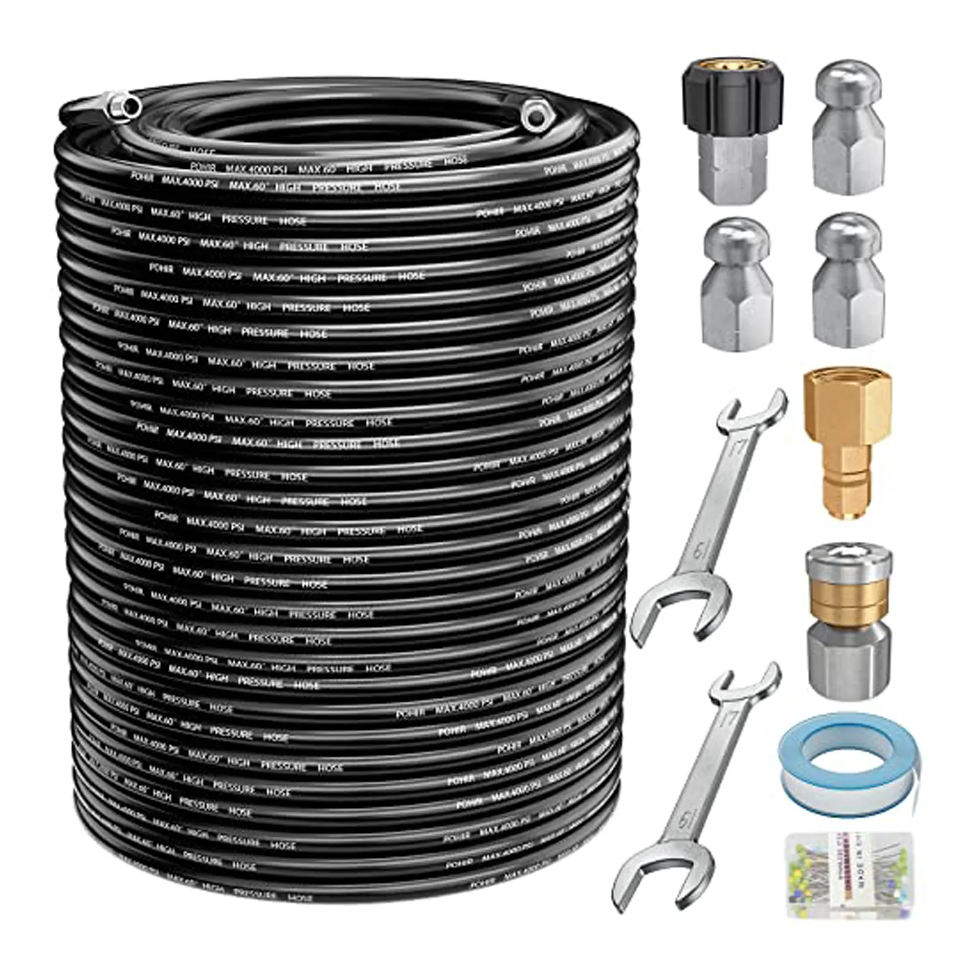POHIR Sewer Hydro Jetter Kit, 4000PSI High-Pressure Washer Attachment with 1/4 in NPT Rotating Button Nose Tip, PE Hose, Spanner for Plumbing Drain Cleaning, Hose Attachment Pipes & Pipe Fittings Accessories