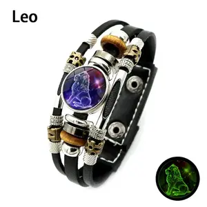 B Glow in the Dark 12 Zodiac Bracelet for Men Women, Adjustable Genuine Leather Wrap Bracelet, Constellation Horoscope Astrology Jewelry, Vintage Star Sign Gift Set for Astrology Lovers, Birthday Gift