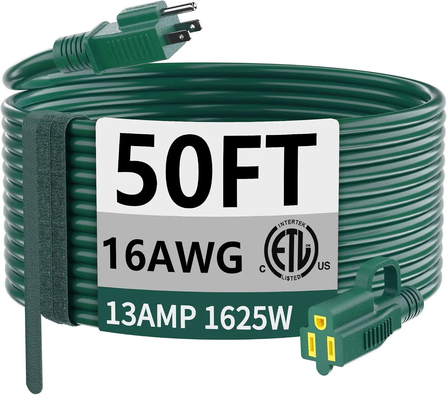50FT Outdoor Extension Cord, 16/3 Gauge 16 AWG SJTW 3-Prong Grounded Power Cord, 13A 125V 1625W, Waterproof Weather & Cold Resistant Indoor Outdoor Electric Cable, ETL/cETL Listed, Green
