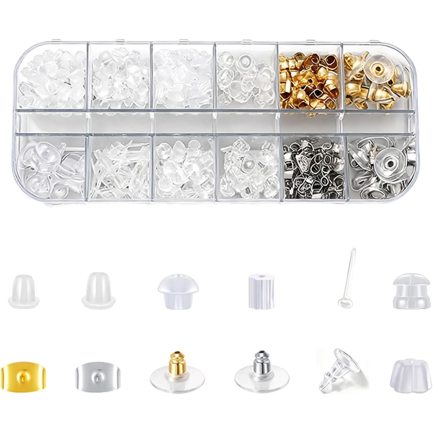12 Styles 525 count Earring Backs Replacement,  Rubber Metal Clear Plastic  Earring Backs Stoppers Posts for Droopy Studs Hoops Fish Hook Heavy Earrings
