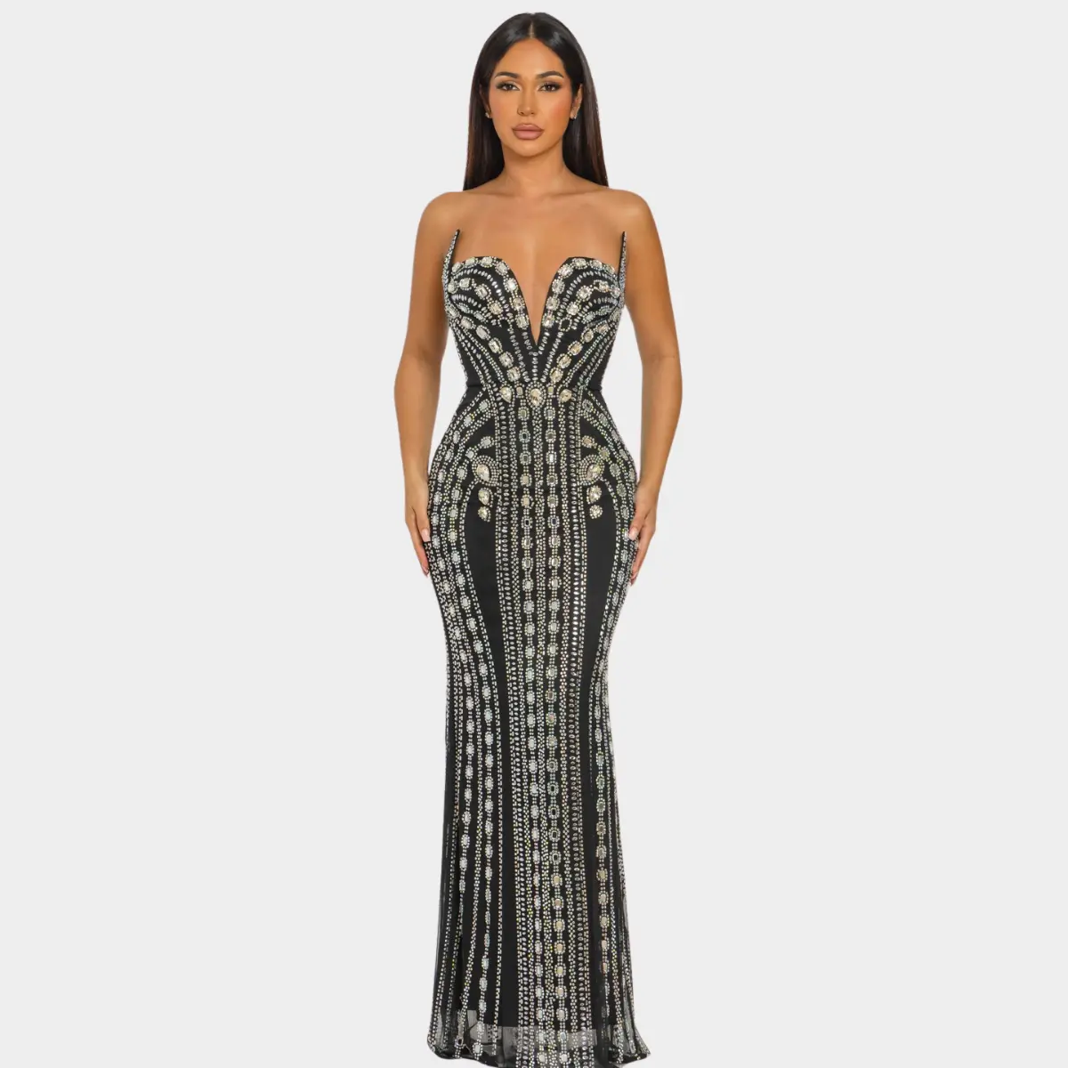 Luxury Rhinestone Strapless Evening Gown Black & Nude - Elegant Beaded Design for Special Occasions Formal Womenswear