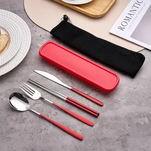 304 stainless steel color-coated portable dining set: Korean-style knife, fork, spoon, and chopsticks set for students, office workers, and outdoor enthusiasts.Four-piece set.