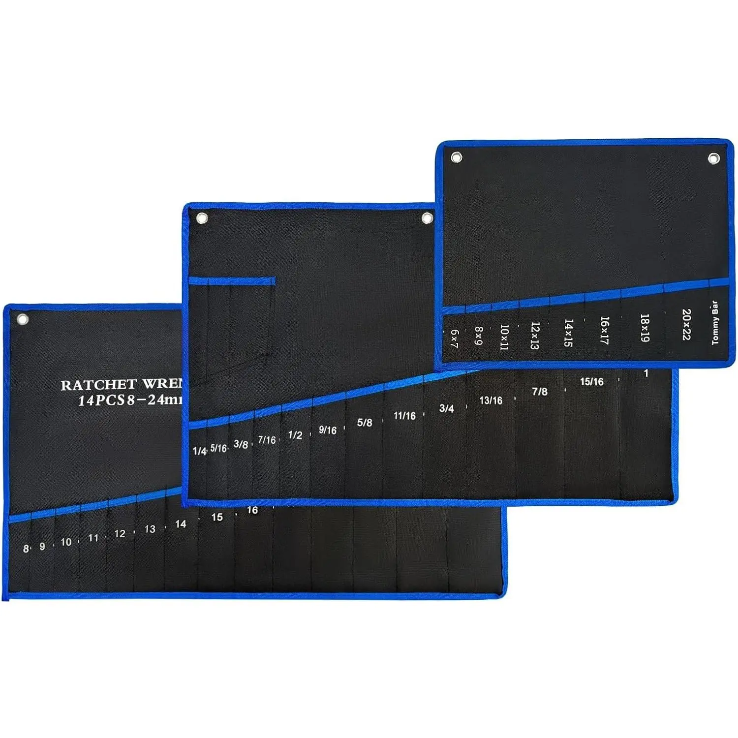 3-Pieces Roll Up Wrench Pouch Metric & SAE, Heavy Duty Canvas Tool Wrench Organizer Bag 9+13+14 Pockets (Only Pouch)