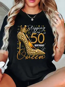 100% Cotton T shirts 50 Year Old Gifts High Heels Stepping Into My 50th Birthday T-Shirt Breathable & Comfort Fit Tee Women,Short Sleeve Crew Neck Top for All Seasons,Graphic Tees Women Tops