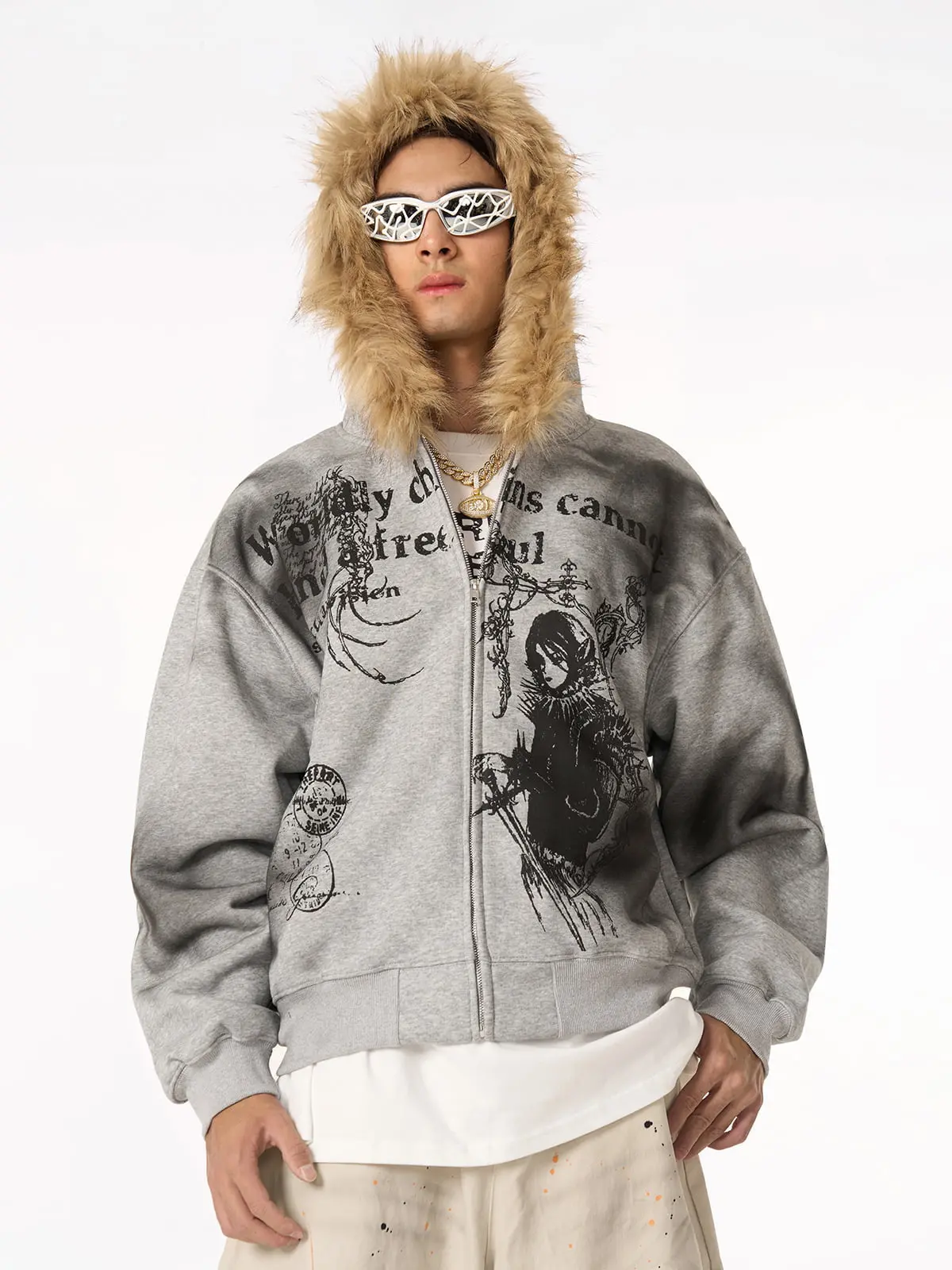 Thesupermade x Mortemartt Men's Casual Long-Sleeve Cotton Streetwear Graphic Sweatshirt - Cozy Fur Hood, Warm Hood Trim, Faux Fur Warmth, Snug Rib Cuffs, Tie-Dye Print, Ribbed Hem, Art-Driven Style Menswear Top