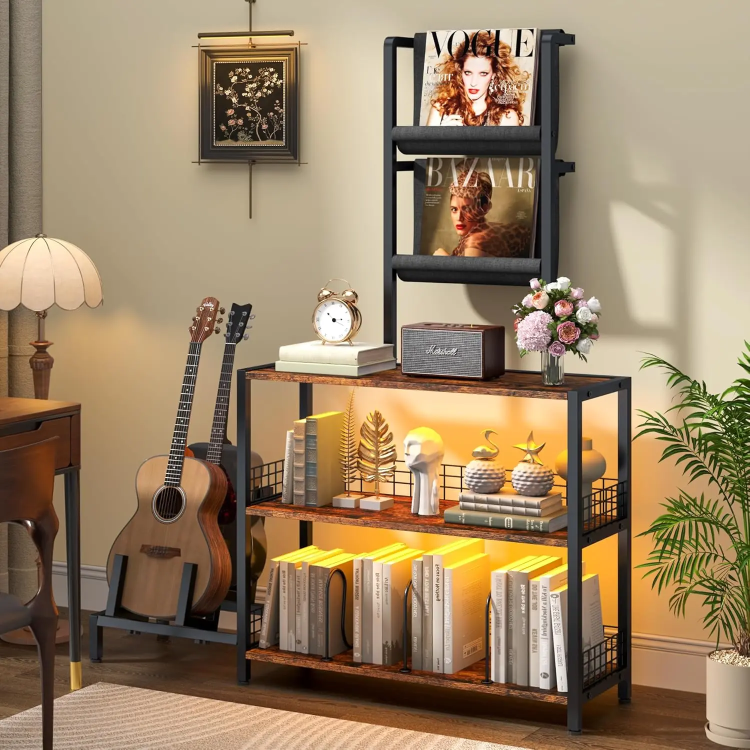 Wooden RGB Lighting Display Shelf - Adjustable Stand, Vinyl Holder, Book Storage, Record Player Stand, Rectangle Curio Cabinet Floor Lamp, Assembly Required, 100 cm & Above, 12 in & Above for Living Room, Bedroom Décor, 66 Lbs Per Shelf