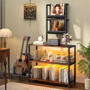 Display Shelf Bookshelf with RGB Lighting, Wooden Curio Cabinet Floor Lamp with Shelves, Vinyl Holder and Adjustable Stand, Record Player Stand Bookcase for Living Room Bedroom Décor (Brown)