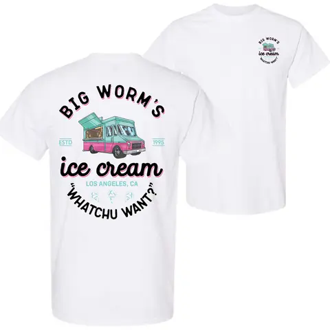 Big Worm’s Ice Cream Truck Graphic T-Shirt – Funny Movie Inspired Tee With 'Whatchu Want?’ Quote, Double Sided Print, Soft Cotton Casual Streetwear Unisex Shirt, 90s Vibes, Vintage Tee for Men & Women Breathable Classic
