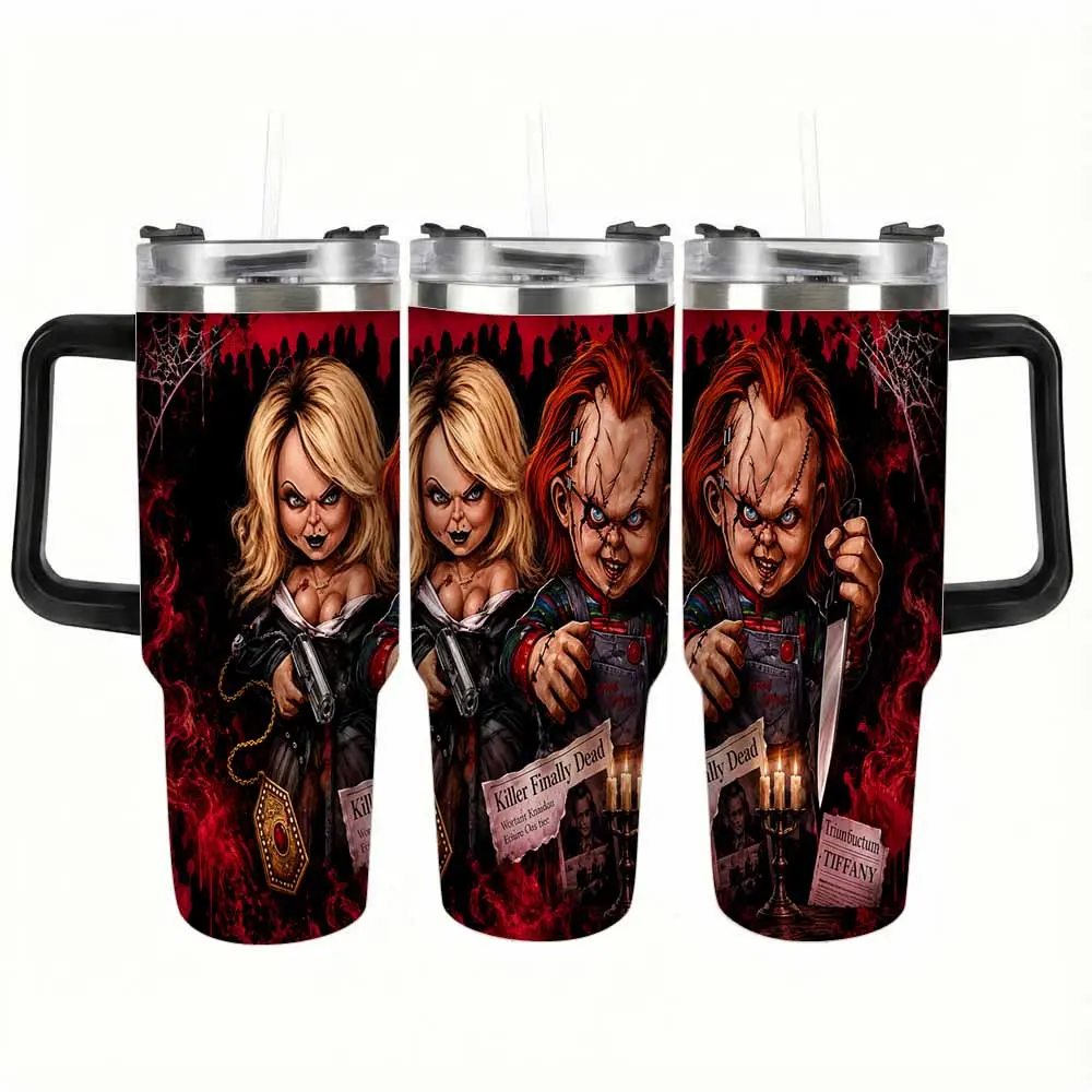 Couple Horror Movie Character Tumbler (40oz/30oz) Stitched Doll Theme Insulated Stainless Steel Cup Leakproof Travel Mug For Halloween Party Gift Home Office Daily Hydration Usage