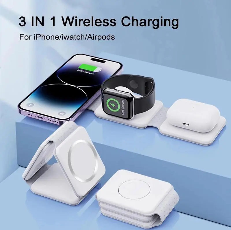 3-in-1 Foldable Magnetic Wireless Charger for iPhone 12/13/14/15/16/17 Series, Fast Charging Station for Phone, Watch & Earbuds, Portable Travel Charger