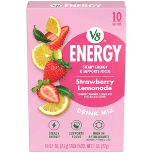 V8 Energy Strawberry Lemonade Drink Mix Powder Packets, 10 Count (.10 oz each) – Refreshing Flavored Energy Beverage Mix for Water