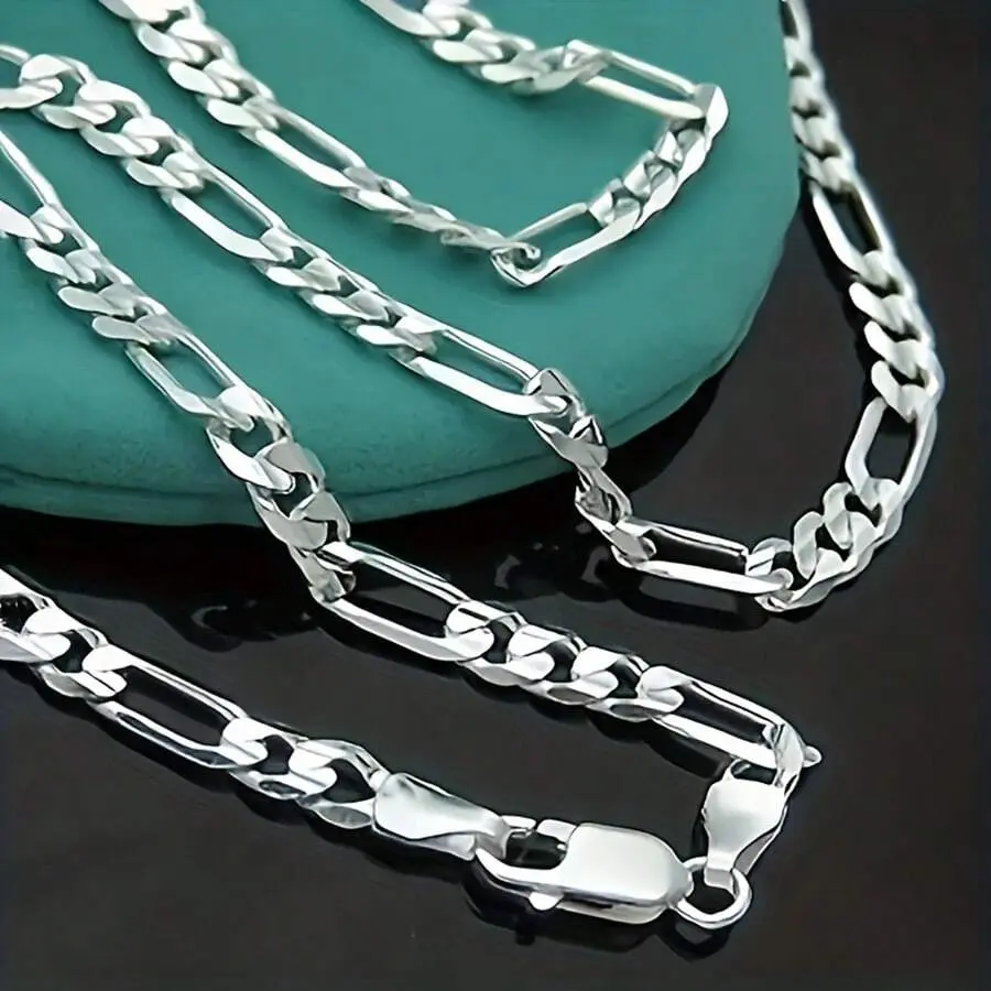 1Pc 4MM Silver-Toned 925-Plated Copper Base Figaro Link Necklace, 16-30in Multi-Size Punk Hip Hop Men's Jewelry, Necklaces for Women, Ideal for Daily Wear, Base Chain Necklaces
