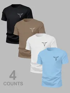 Men's Stylish Versatile Classic Cow Head Animal Print T-Shirt 4 Pack, Summer Round Neck Short Sleeve, Casual Comfortable Top for Outdoor Wear