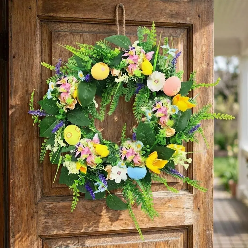 GARVEE 18 Inch Easter Wreath for Front Door Outside, Easter Egg Wreath with Flowers and Green Leaves, Spring Easter Door Wreath Decorations, Artificial Easter Wreaths for Front Door