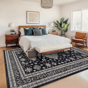 8x10 ft Polyester Boho Floral Persian Printed Rectangular Rug, Washable Foldable Multi-Use Home Decor Rug for Hallway, Bathroom, Boho Floral Rug
