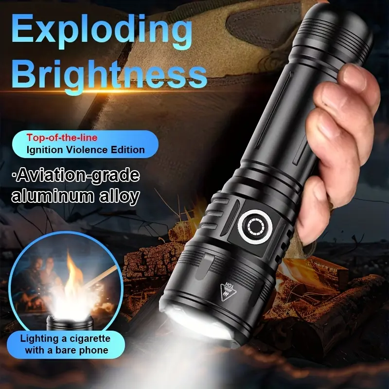 5000 Lumens Tactical Flashlight - Zoomable, Type‑C Rechargeable 21700 Battery, High‑Power LED Water‑Resistant Hand Light for Outdoor Survival, Camping, Emergency, Hiking