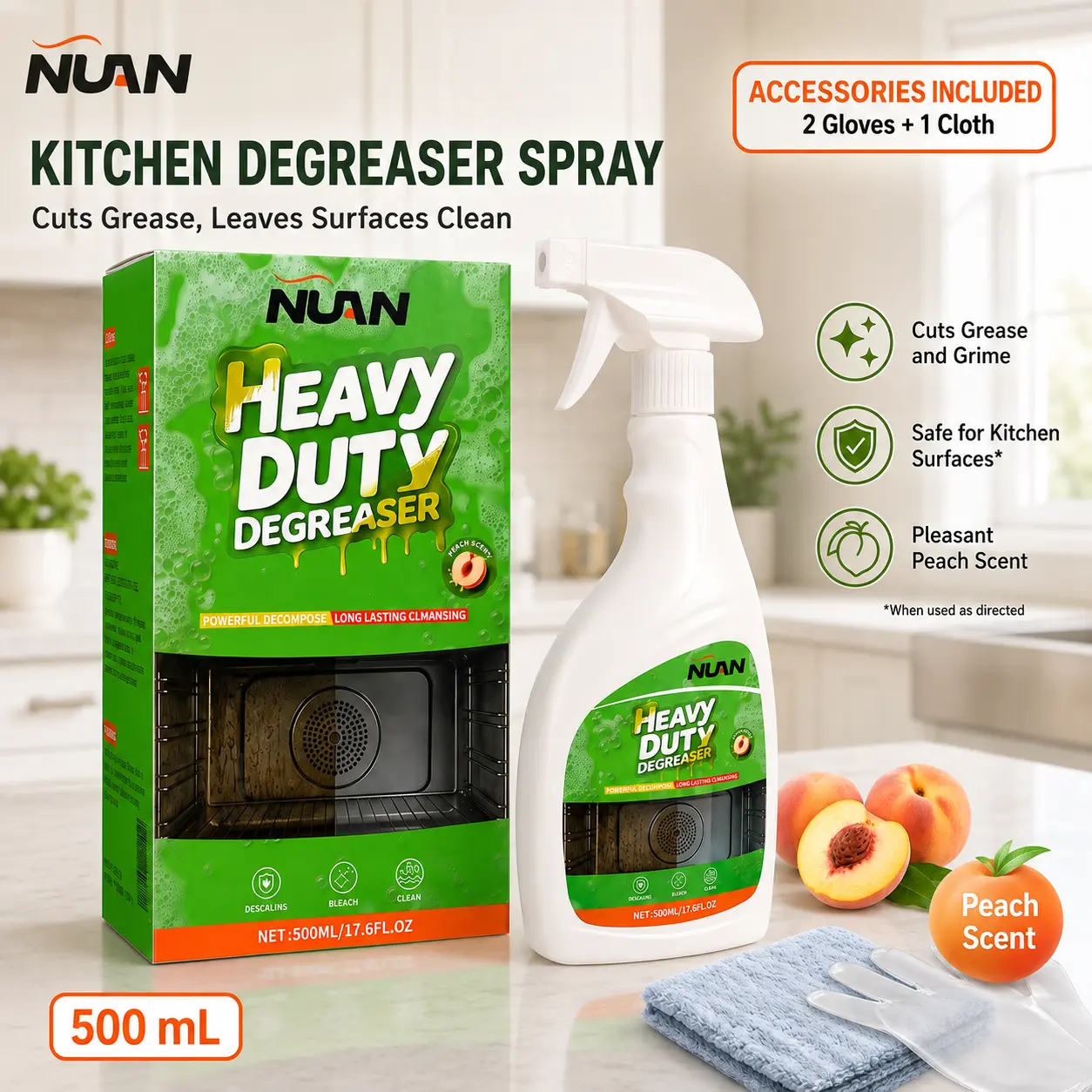 NUAN Heavy Duty Active Spray Kitchen Cleaner - 500ml (17.6 fl oz ) Single Bottle Household Degreaser, Indoor Multi-Use for Grill, Appliance Grease Removal, Stovetops, Range Hoods