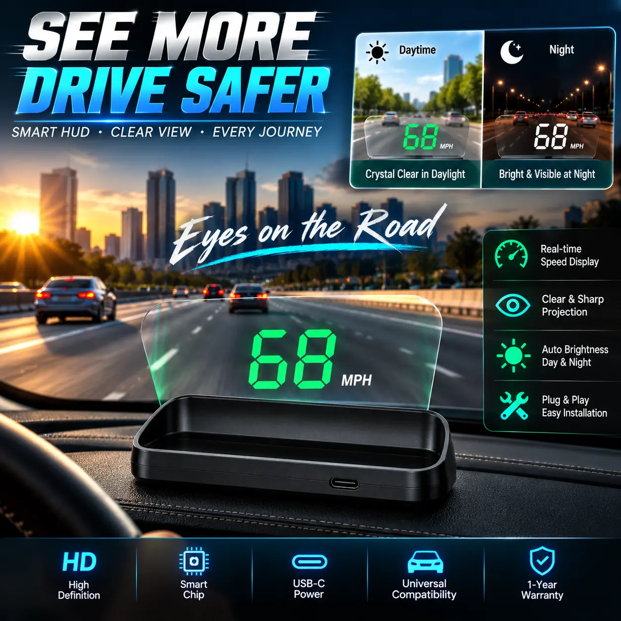 GPS HUD Speedometer for Cars, Car Head Up Display with Large Digital MPH Speed Display, USB Plug & Play Dashboard Speedometer, Green/White Display, Automotive Electronics Car Accessories #GPSSpeedometer #CarHUD #HeadUpDisplay #HUDSpeedometer