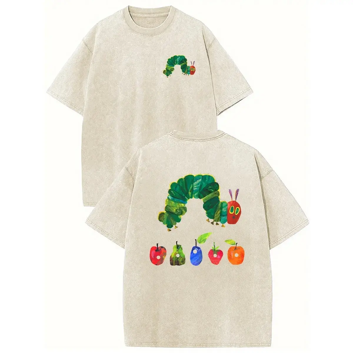 Heavyweight Cotton Crewneck Streetwear T-Shirt, Retro Acid Wash "The Very Hungry Caterpillar" Dual Side Graphic Printed Unisex Fashion Tees summervibes Casual Top