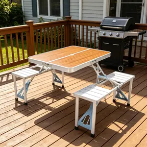 Sturdy All-in-1 Aluminum Alloy Wood Grain Camping Table & Chair Functional Set, 53.5"x33.7"x26.4-33.7"x13.2"x3.9" Size, No-Assembly Quick Setup, Easy-Carry, Fits 110lbs Load, Space Saving Furniture for Outdoor Events, Camping Hiking