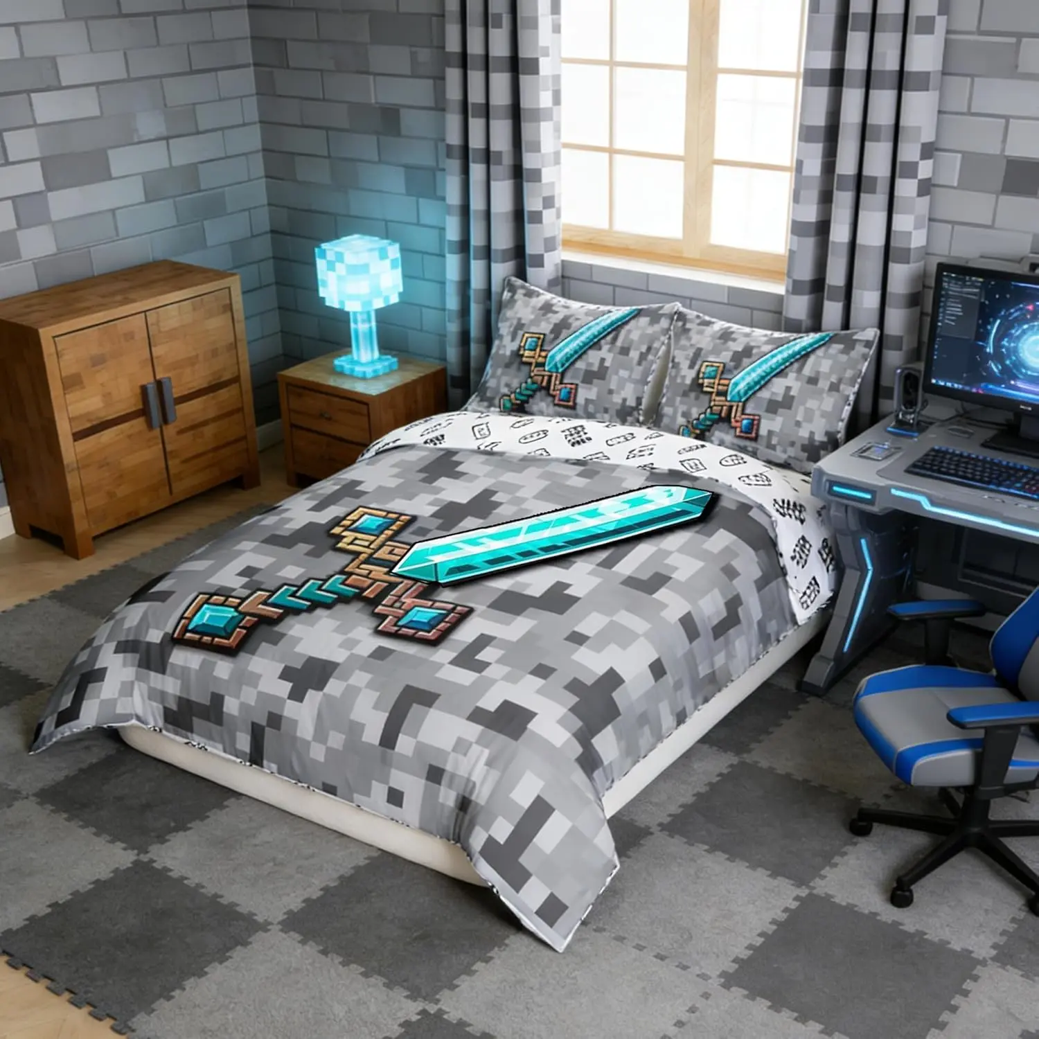 Cartoon Sword Duvet Cover Set,Pixelated Themed Games Bedding Sets,Blue Sandbox Block Comforter Cover Men Room Decor,Grey Check Camo Quilt Cover