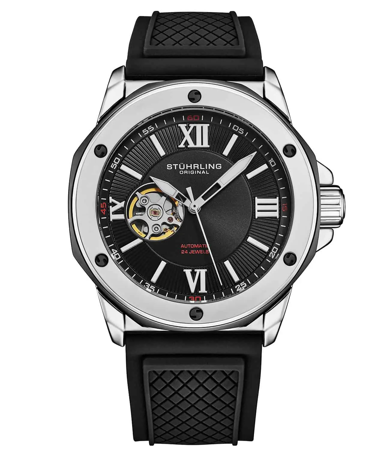 Edwardian Skeleton Analog Watch for Men, 44mm Stainless Steel Case with Modern Engineering 24-Jewel Automatic Movement, Rubber Strap, Stainless Steel Wristwatch, Roman Numerals, Fully Automatic Wrist Watches, Masculine Wrist Watches