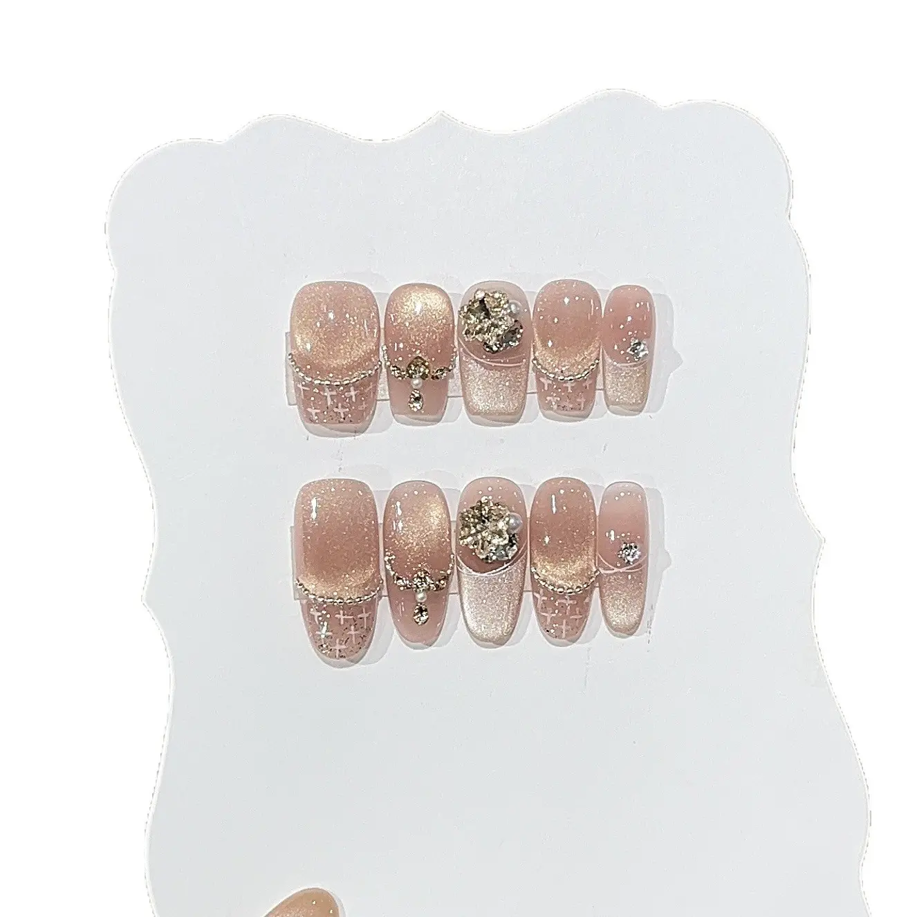 Hand-painted cross polka dot K9 zircon pearl chain, sparkly gold smile gradient halo details, detachable and reusable push-button artificial fingers with nails, acrylic plastic nail sticker series.