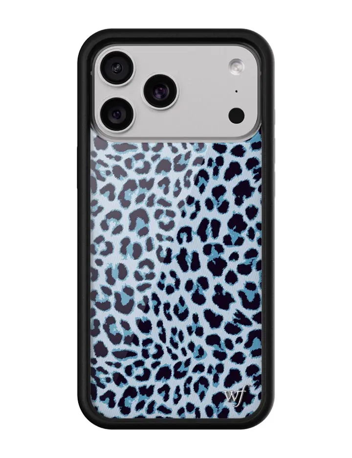 Blue Meow | Limited Edition Trendy Collab iPhone Case | Raised Protective Black Bumper | Women Owned Small Business | Baby Blue Background Navy and Black Leopard Print Cute Aesthetic | Safety Casing Protective | Gift for Her
