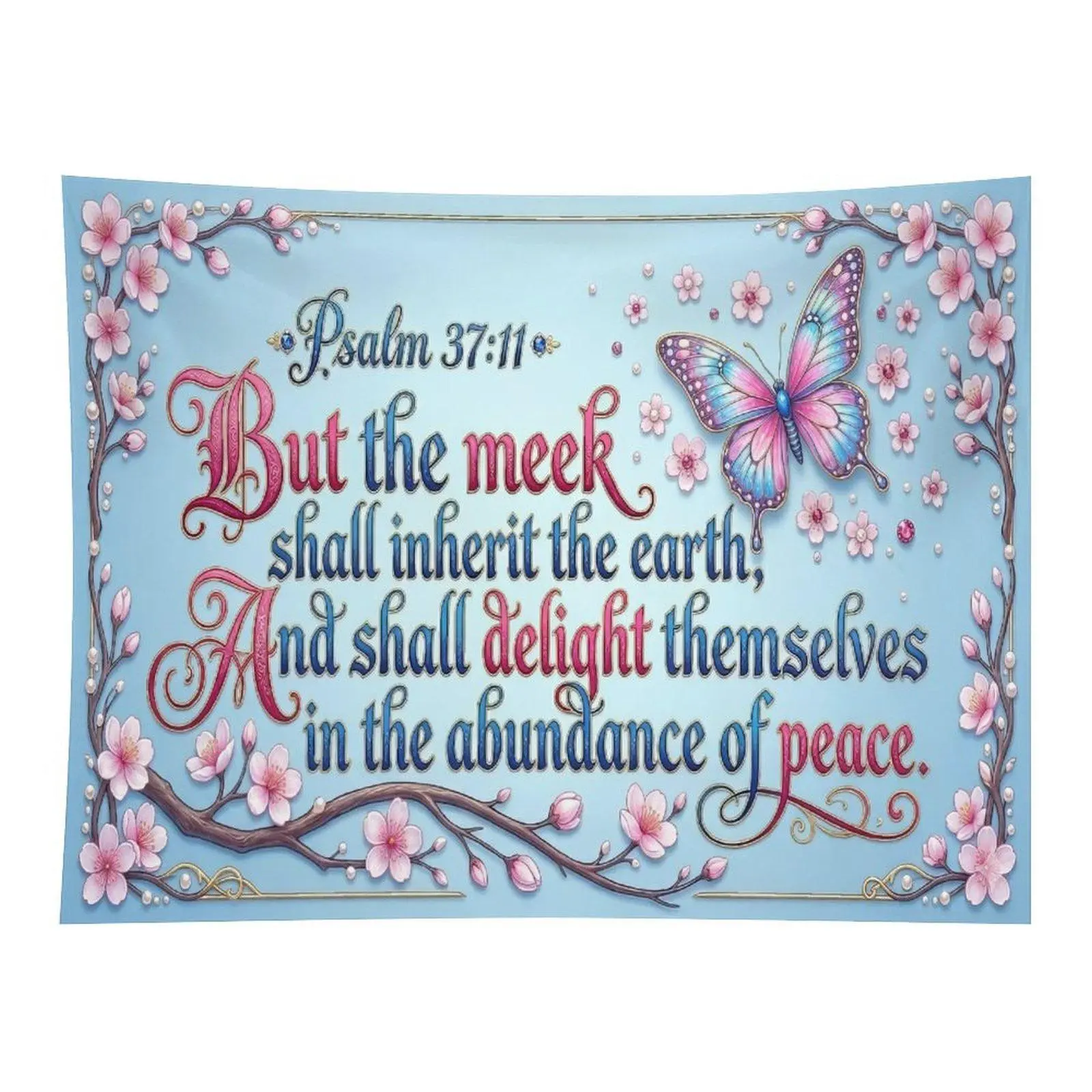 Soft Cherry Blossom Butterfly Psalm 37:11 Bible Verse Pastel Light Blue Wall Tapestry Wall Hanging, Gentle Christian Peace Faith Scripture Decor for Prayer Room Bedroom Backdrop