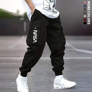 Men's leggings, cargo pockets, NASAprint, elasticated waistband, drawstring at the waist, machine washable, polyester fabric, American cargo pants, suitable for all kinds of casual sports and outdoor scenes Activewear Fashion Menswear Loose Black Colorful
