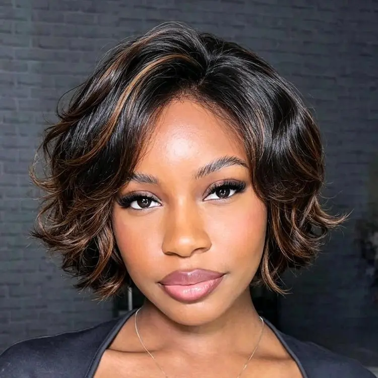 【 Ready to Slay 】Brown Highlight Short Wavy Pixie Cut Bob Glueless 7x5 Lace Wear and Go Human Hair Wigs