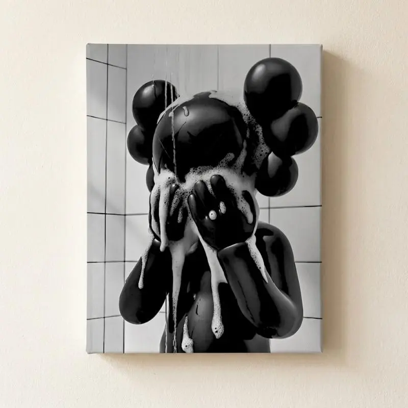 Hypebeast Bathroom Canvas Wall Art - Modern Street Art Poster, Humorous Black Cartoon Figure Taking a Shower Prints for Restroom Decor