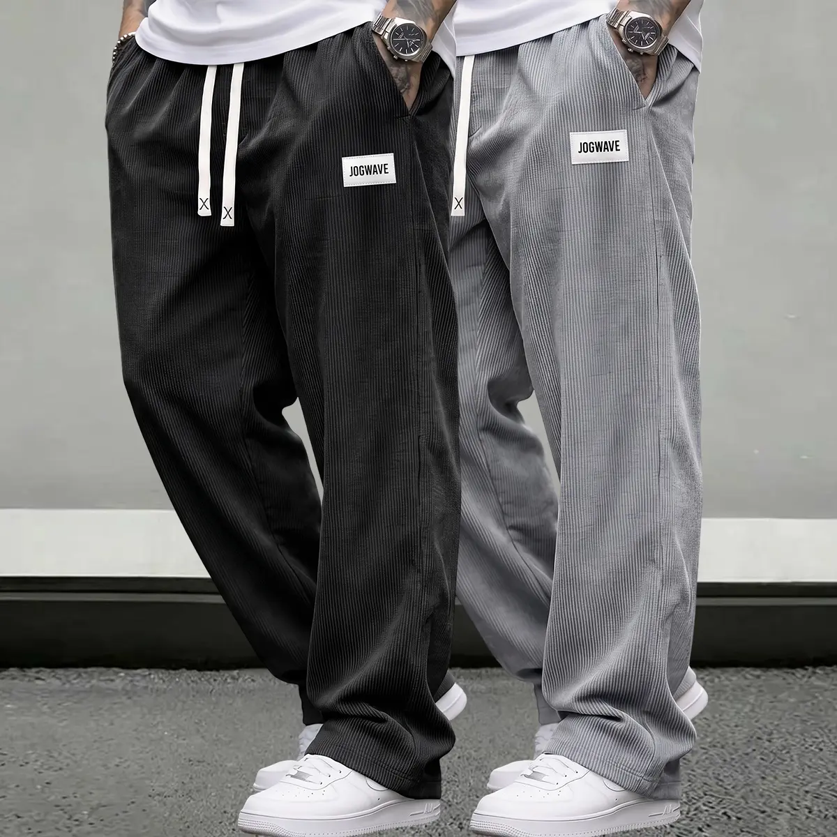 JOGWAVE Men’s 2PCS Lightweight Corduroy Pants — Loose Straight Casual Pants with Elastic Waistband and Pockets, Casual Sport Style, Soft Fabric, Comfortable and Durable, Fashionable Casual Sport Pants — Solid Color, Versatile, Suitable for All Seasons
