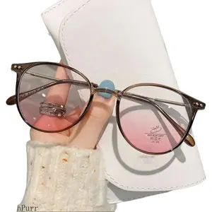 Anti-Blue Light Plain Glasses Ultra-Light Blush Cold Brown Color Korean Anti Radiation Eyeglasses Round Metal Frame