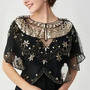 1pc Elegant 1920s Style Beaded Sequin Shawl - Polyester Vintage Lace Stole for Women, Embroidered Decorative Wrap Weddings, Evening Gowns, and Formal Events, 100% Polyester, Hand Wash Only  Luxury Butterfly  Decoration