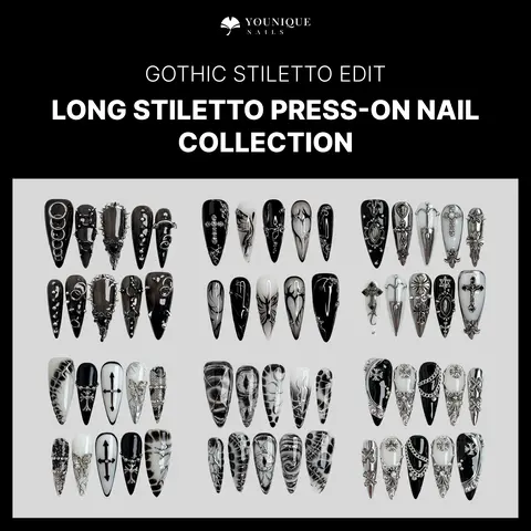Younique Nails GOTHIC HALLOWEEN COLLECTION Handmade Reusable Acrylic Luxury Fake Press On Press-On Salon Quality Set Week Wear DAY HOLIDAY STILETTO Kit Tip Short Shape Floral Detail Nude French Design Eye With Embellishments Jewel Mixed Multi Pearl