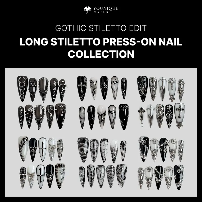 Younique Nails GOTHIC HALLOWEEN COLLECTION Handmade Reusable Acrylic Luxury Fake Press On Press-On Salon Quality Set Week Wear DAY HOLIDAY STILETTO Kit Tip Short Shape Floral Detail Nude French Design Eye With Embellishments Jewel Mixed Multi Pearl