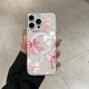 Cartoon Bow Pattern Acrylic Transparent Magnetic Soft Smartphone Case, Anti-Drop Handheld Casing Protector for iPhone 17 Pro Max,16,15,14,13,12,11, Lightweight Durable Mobile Phone Accessories, Supports Wireless Charging, PLM00491