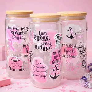 Breast Cancer Awareness Affirmation Glass Jar | Pink Ribbon Quote Jar | Bamboo Lid Memory Jar 16 0z