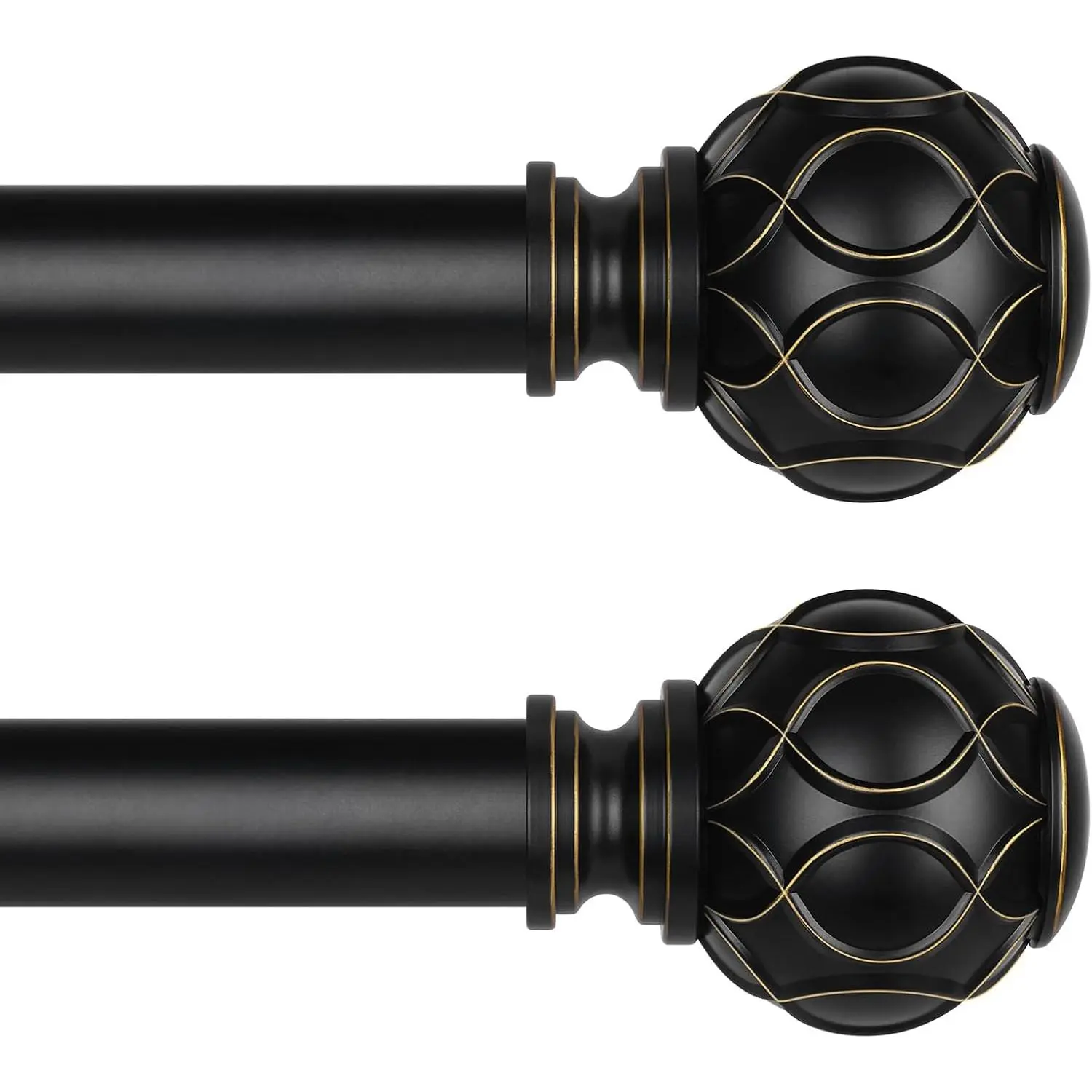 2 Pack Black Rod, 1 Inch Decorative Rods for Windows 48 to 84 Inch, Single-Side Vintage Rustic Black Drapery Pole Set with Netted Texture Finials