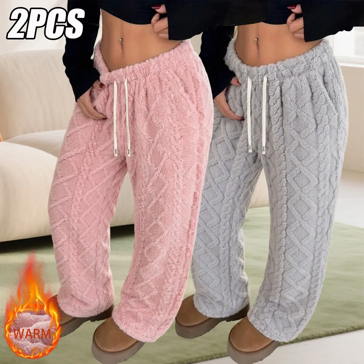 Women's 2-Pack Loose Baggy Solid-Color Fleece Sweatpants, Lady's Bottoms with Drawstring Waist & Pockets, Warm Comfortable Minimalist Elegant Autumn/Winter Long Pants for Everyday Wear