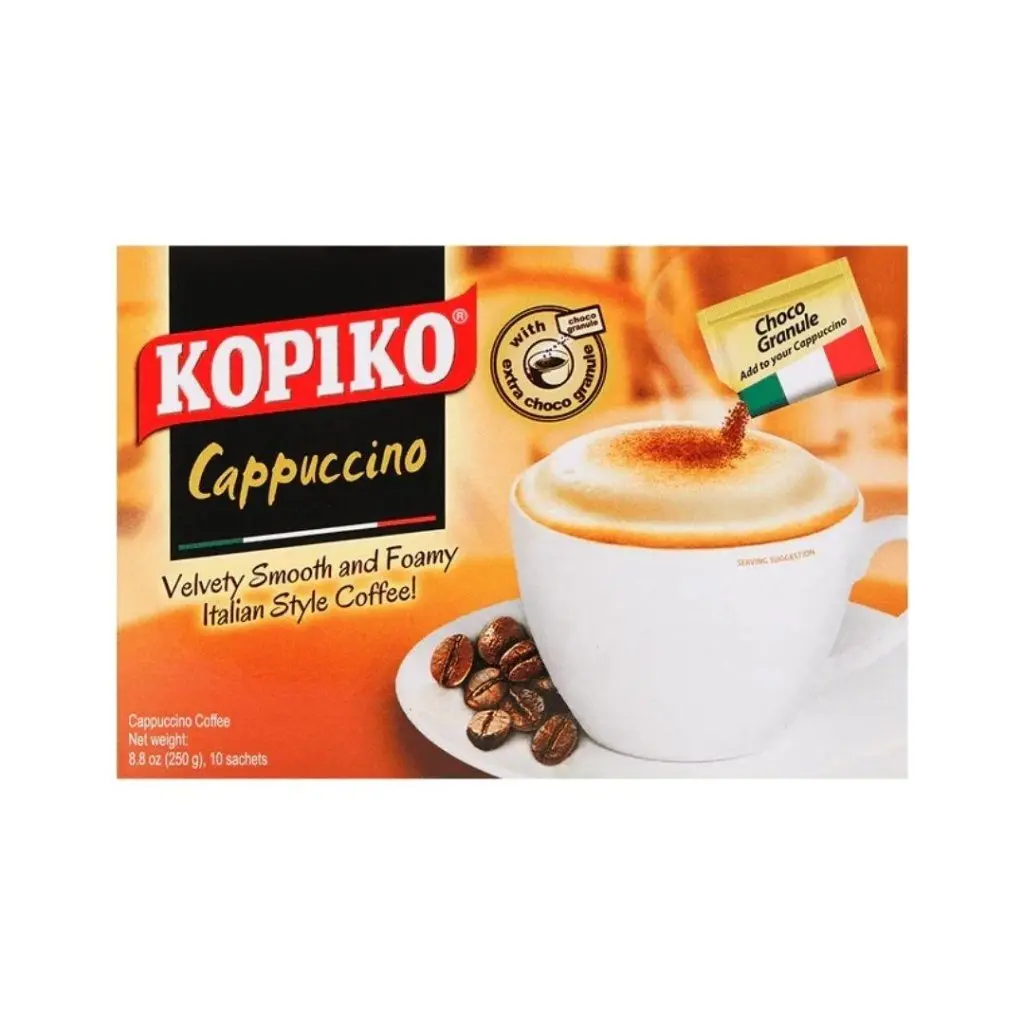Kopiko Cappuccino 3-in-1 Instant Coffee Beverage - 25g x 10 Pack, Café-Style Flavor with Fine Chocolate Granules
