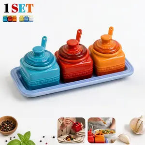 Ceramic Seasoning Jar Set with Lid, Colorful Kitchen Spice Containers with Tray and Spoon, Ideal for Salt, Sugar, and Spices Storage