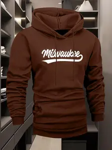 Men's Casual Hooded Sweatshirt, Fashionable Milwaukee Print, Outdoor Home Wear, Fitted Letter Pattern, Fall & Winter Style